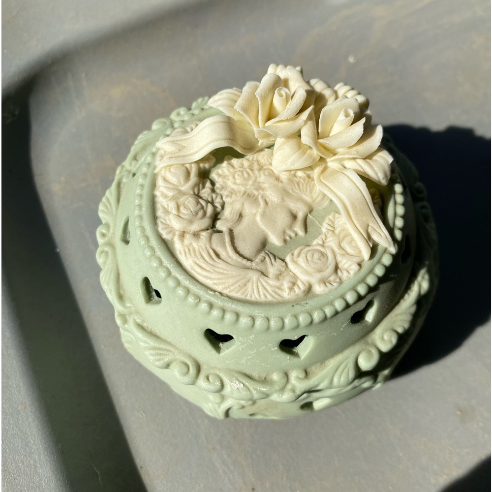 Vintage Sea Green Bisque Ceramic Cameo Box